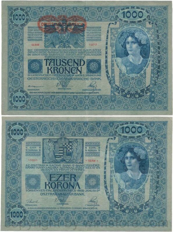 Österreich, 1. republik, p057a, 1000 kronen 2.1.1902, aufdruck "deutschÖsterreich" (1919); 4