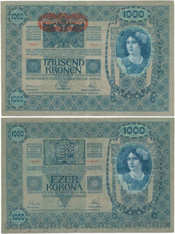 Österreich, 1. republik, p057a, 1000 kronen 2.1.1902, aufdruck "deutschÖsterreich" (1919); 4