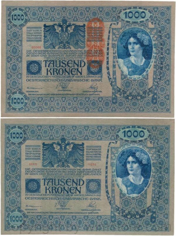 Österreich, 1. republik, p059, 1000 kronen 2.1.1902, aufdruck "deutschÖsterreich" (1919)