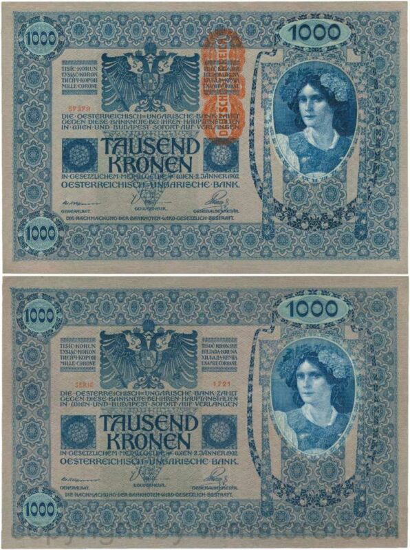 Österreich, 1. republik, p059, 1000 kronen 2.1.1902, aufdruck "deutschÖsterreich" (1919); 2