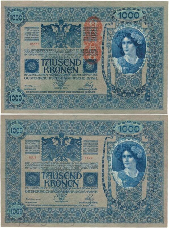 Österreich, 1. republik, p059, 1000 kronen 2.1.1902, aufdruck "deutschÖsterreich" (1919); 2