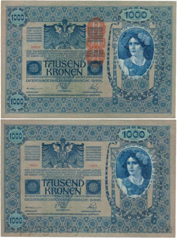 Österreich, 1. republik, p059, 1000 kronen 2.1.1902, aufdruck "deutschÖsterreich" (1919); 2