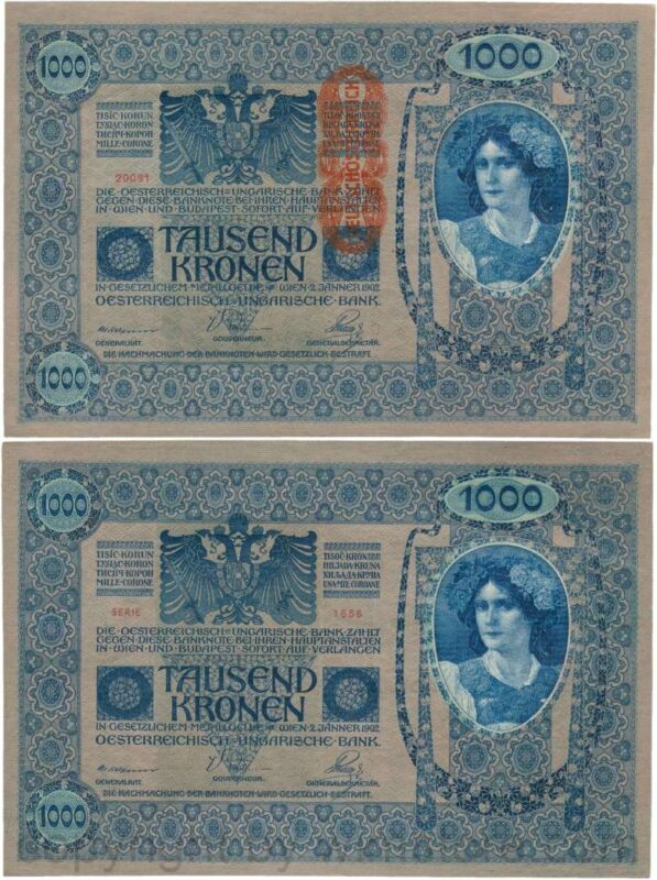 Österreich, 1. republik, p059, 1000 kronen 2.1.1902, aufdruck "deutschÖsterreich" (1919); 3