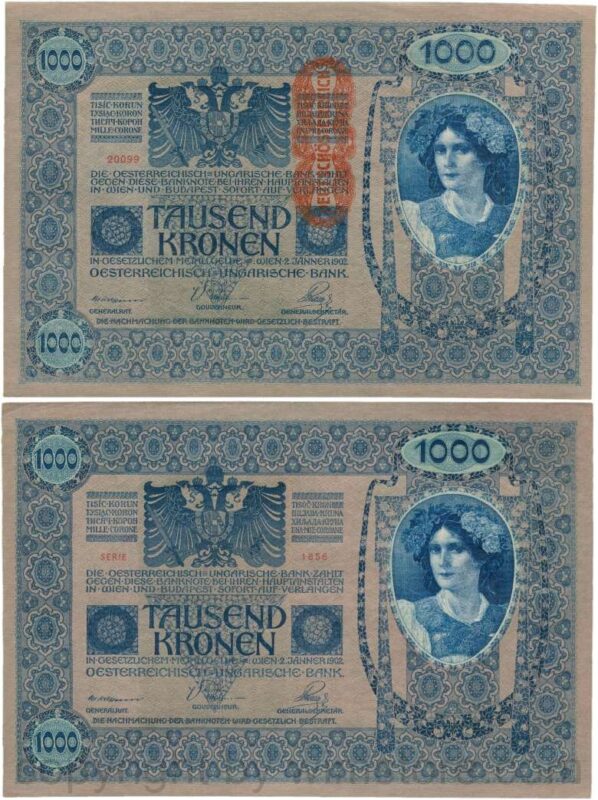Österreich, 1. republik, p059, 1000 kronen 2.1.1902, aufdruck "deutschÖsterreich" (1919); 3
