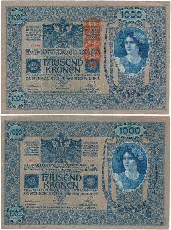 Österreich, 1. republik, p059, 1000 kronen 2.1.1902, aufdruck "deutschÖsterreich" (1919); 4