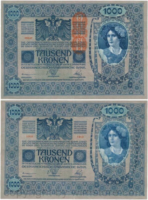 Österreich, 1. republik, p059, 1000 kronen 2.1.1902, aufdruck "deutschÖsterreich" (1919); 4