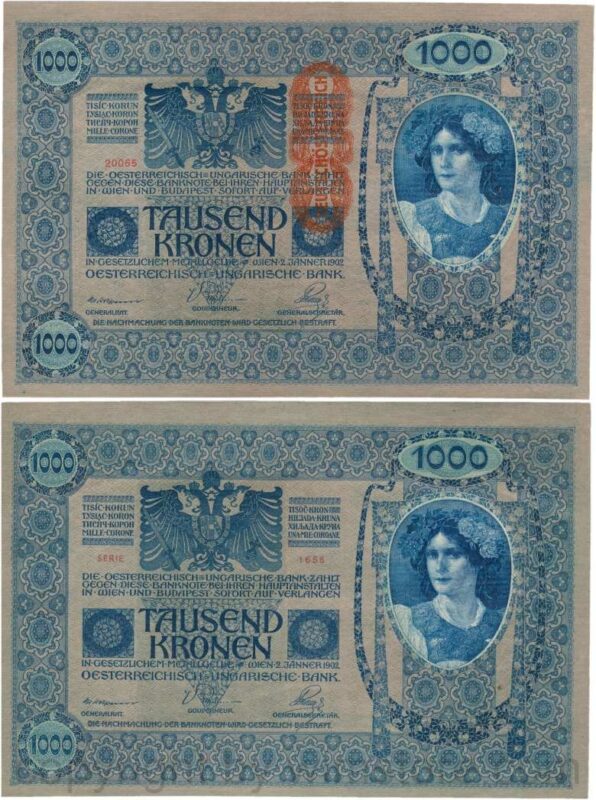 Österreich, 1. republik, p059, 1000 kronen 2.1.1902, aufdruck "deutschÖsterreich" (1919); 4