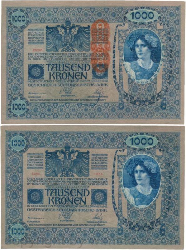 Österreich, 1. republik, p059, 1000 kronen 2.1.1902, aufdruck "deutschÖsterreich" (1919); 4