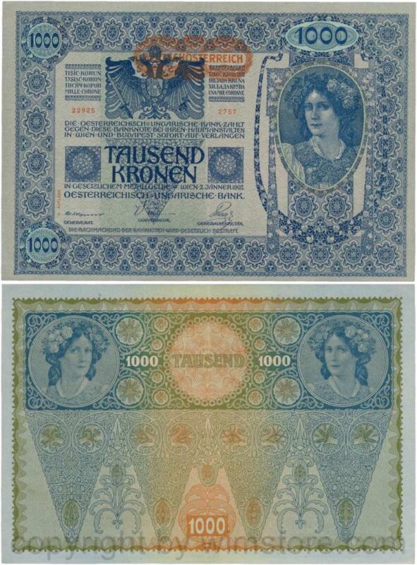 Österreich, 1. republik, p061.2, 1000 kronen 2.1.1902, aufdruck "deutschÖsterreich" (1919) beginnt links neben der krone; 2
