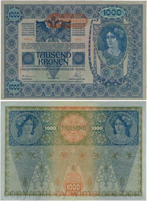 Österreich, 1. republik, p061.2, 1000 kronen 2.1.1902, aufdruck "deutschÖsterreich" (1919) beginnt links neben der krone; 3