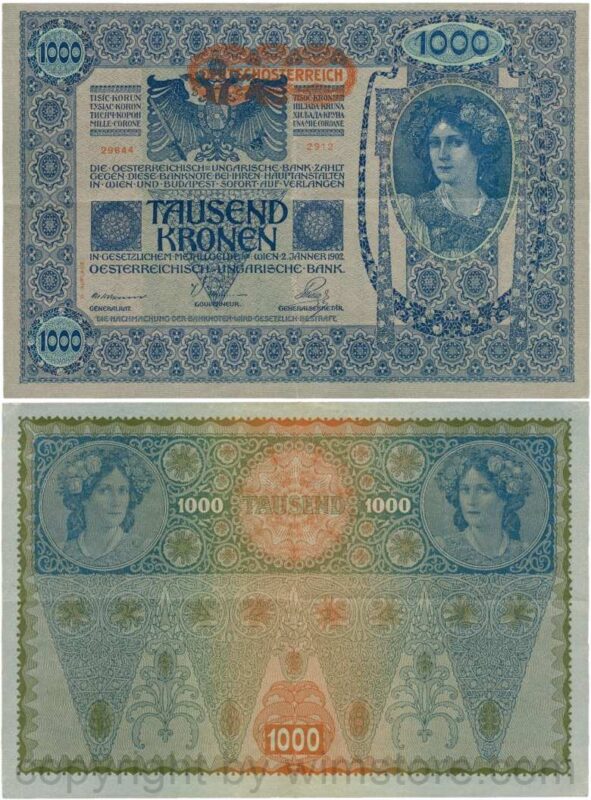 Österreich, 1. republik, p061.2, 1000 kronen 2.1.1902, aufdruck "deutschÖsterreich" (1919) beginnt links neben der krone; 3