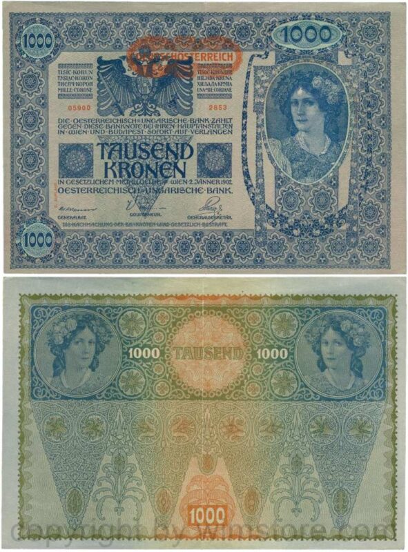 Österreich, 1. republik, p061.2, 1000 kronen 2.1.1902, aufdruck "deutschÖsterreich" (1919) beginnt links neben der krone; 3