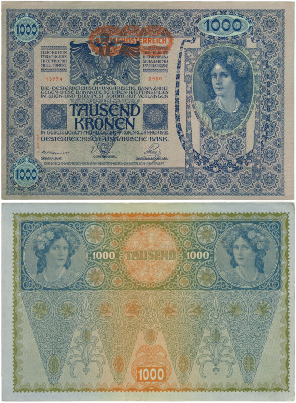 Österreich, 1. republik, p061.2, 1000 kronen 2.1.1902, aufdruck "deutschÖsterreich" (1919) beginnt links neben der krone; 3