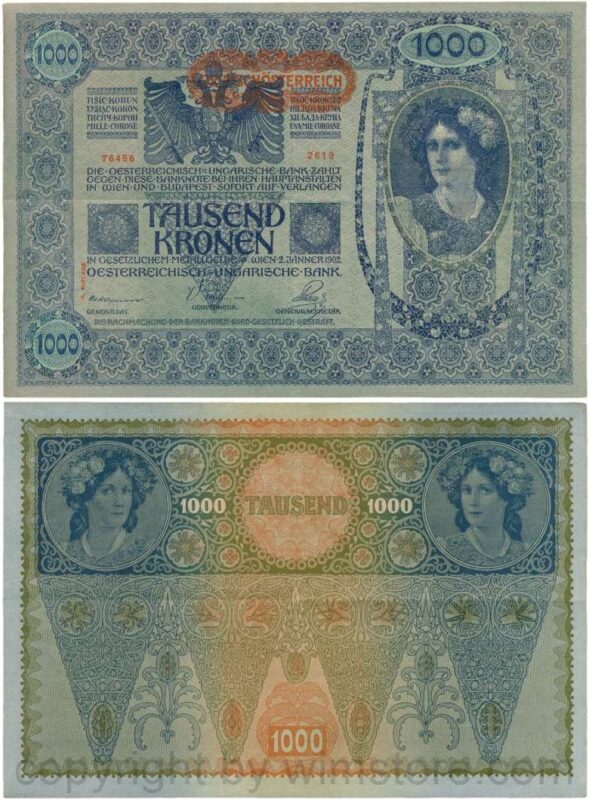 Österreich, 1. republik, p061.2, 1000 kronen 2.1.1902, aufdruck "deutschÖsterreich" (1919) beginnt links neben der krone; 3