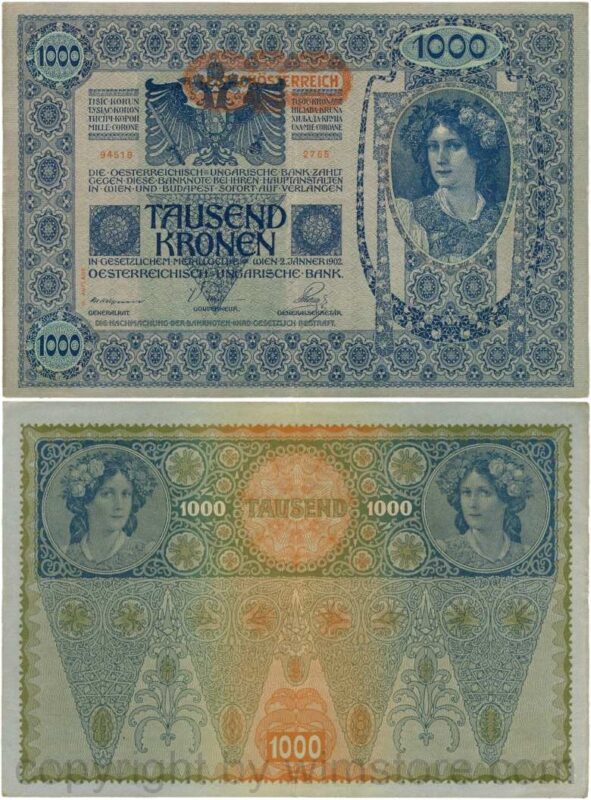 Österreich, 1. republik, p061.2, 1000 kronen 2.1.1902, aufdruck "deutschÖsterreich" (1919) beginnt links neben der krone; 3