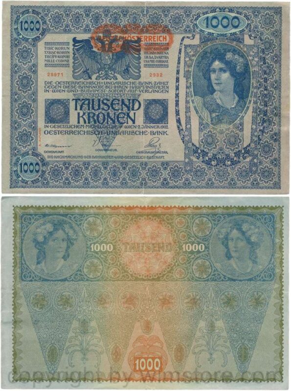 Österreich, 1. republik, p061.2, 1000 kronen 2.1.1902, aufdruck "deutschÖsterreich" (1919) beginnt links neben der krone; 4