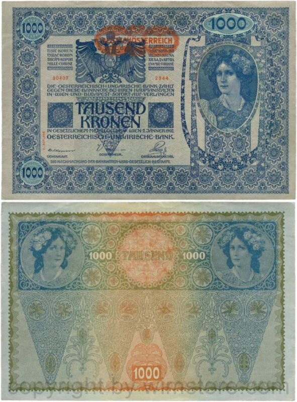 Österreich, 1. republik, p061.2, 1000 kronen 2.1.1902, aufdruck "deutschÖsterreich" (1919) beginnt links neben der krone; 4