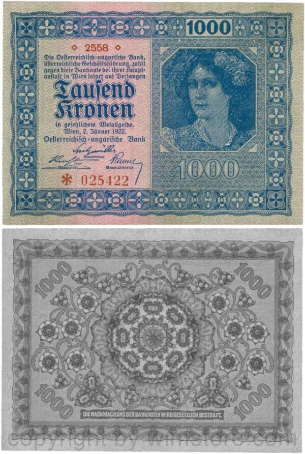Österreich, 1. republik, p078.1, 1000 kronen 1922, ohne wasserzeichen; 2 (farbfehler im foto)