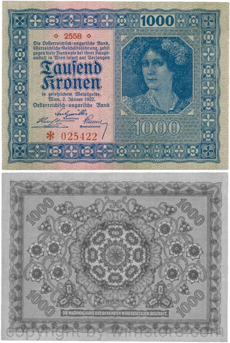 Österreich, 1. republik, p078.1, 1000 kronen 1922, ohne wasserzeichen; 2 (farbfehler im foto)