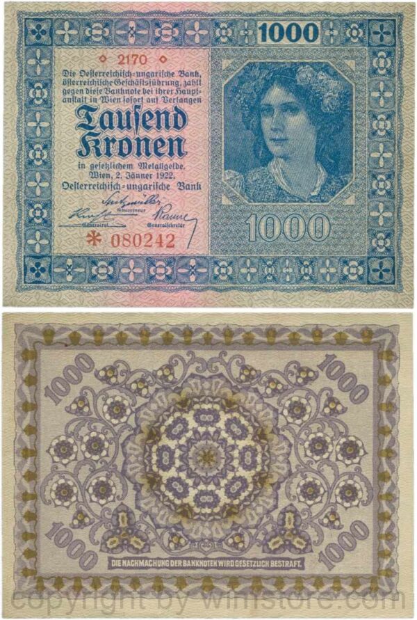 Österreich, 1. republik, p078.1, 1000 kronen 1922, ohne wasserzeichen; 3
