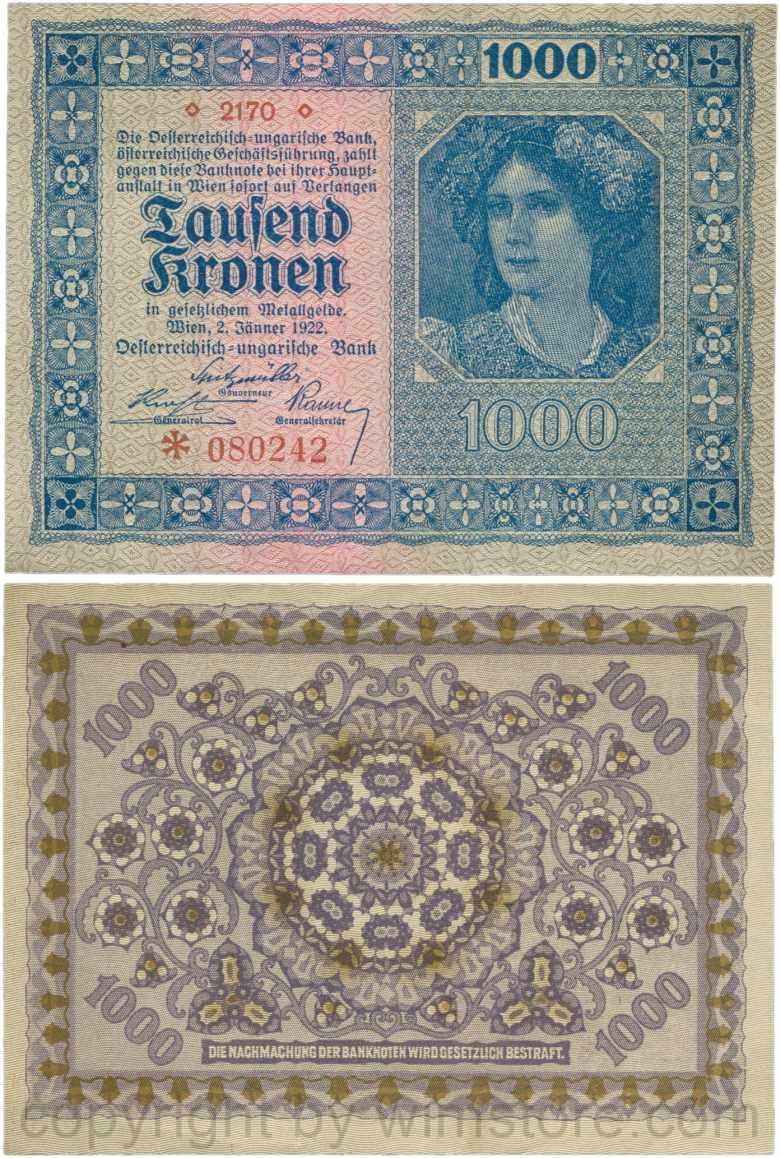Österreich, 1. republik, p078.1, 1000 kronen 1922, ohne wasserzeichen; 3