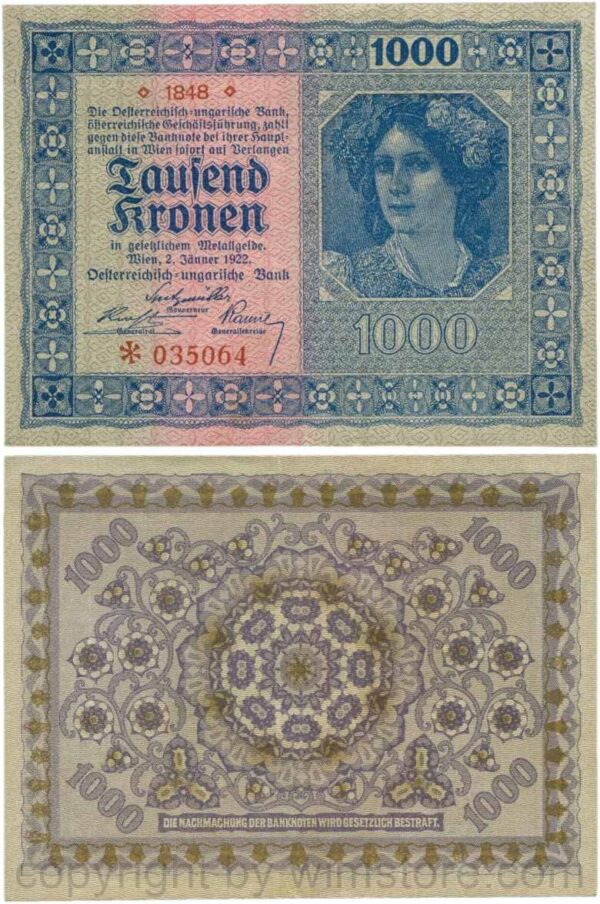 Österreich, 1. republik, p078.1, 1000 kronen 1922, ohne wasserzeichen; 3