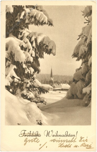 weihnachten, verschneite tannen mit kirche