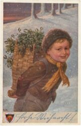 weihnachten, kind mit korb am rücken