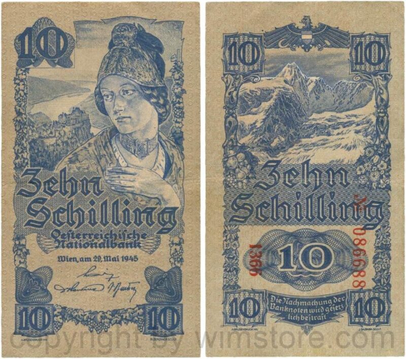 Österreich, 2. republik, p114b, 10 schilling 1945, kn 6 stellig; 3