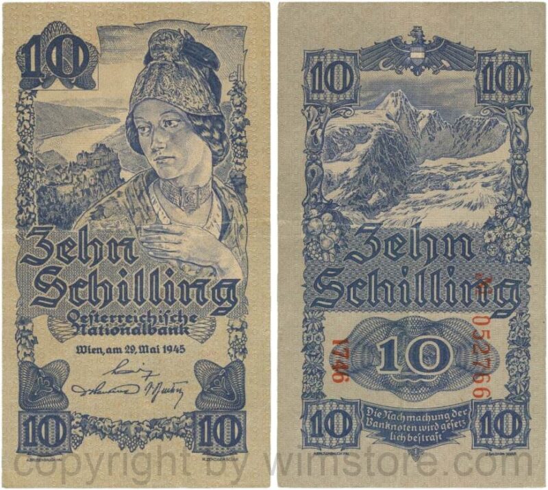 Österreich, 2. republik, p114b, 10 schilling 1945, kn 6 stellig; 3
