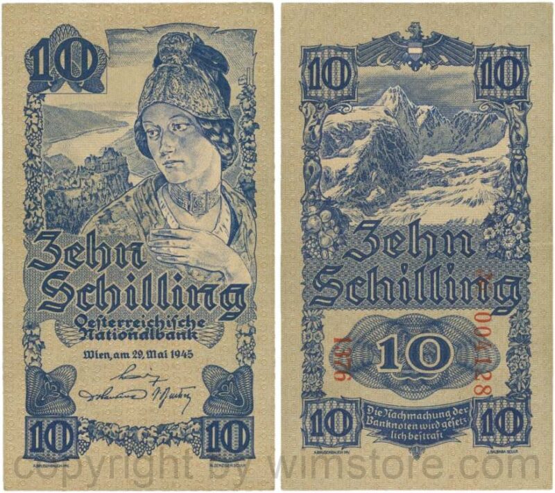 Österreich, 2. republik, p114b, 10 schilling 1945, kn 6 stellig; 3