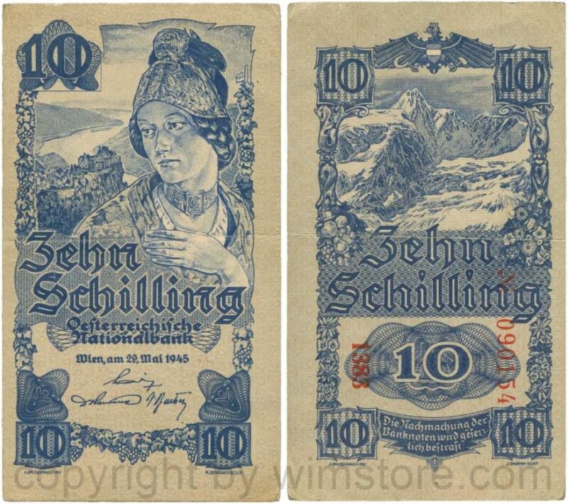 Österreich, 2. republik, p114b, 10 schilling 1945, kn 6 stellig; 3
