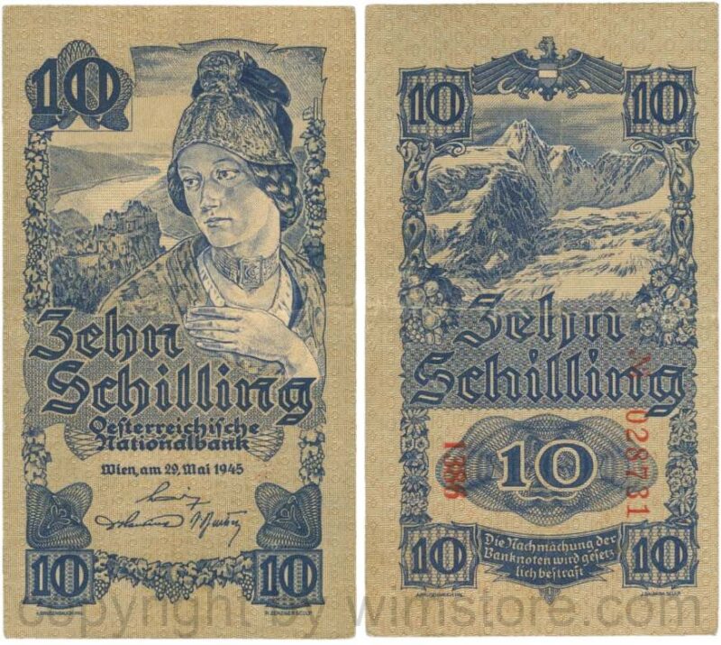 Österreich, 2. republik, p114b, 10 schilling 1945, kn 6 stellig; 3
