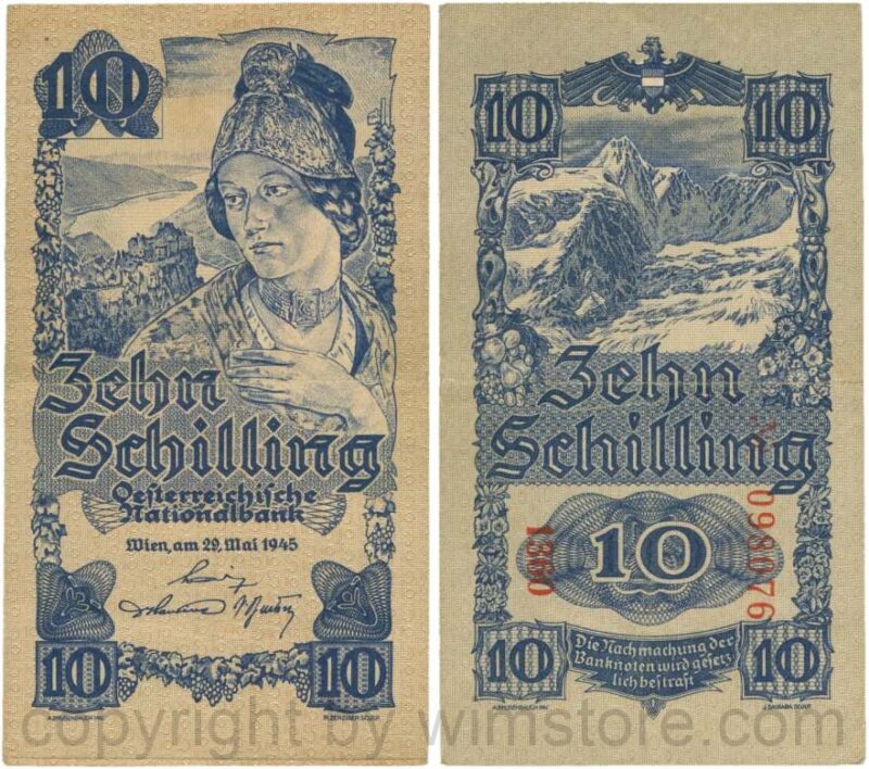 Österreich, 2. republik, p114b, 10 schilling 1945, kn 6 stellig; 3, druck verschoben. (kopie)
