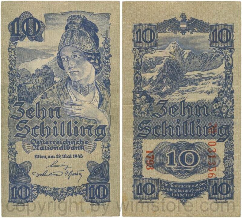 Österreich, 2. republik, p114b, 10 schilling 1945, kn 6 stellig; 3 (kopie)