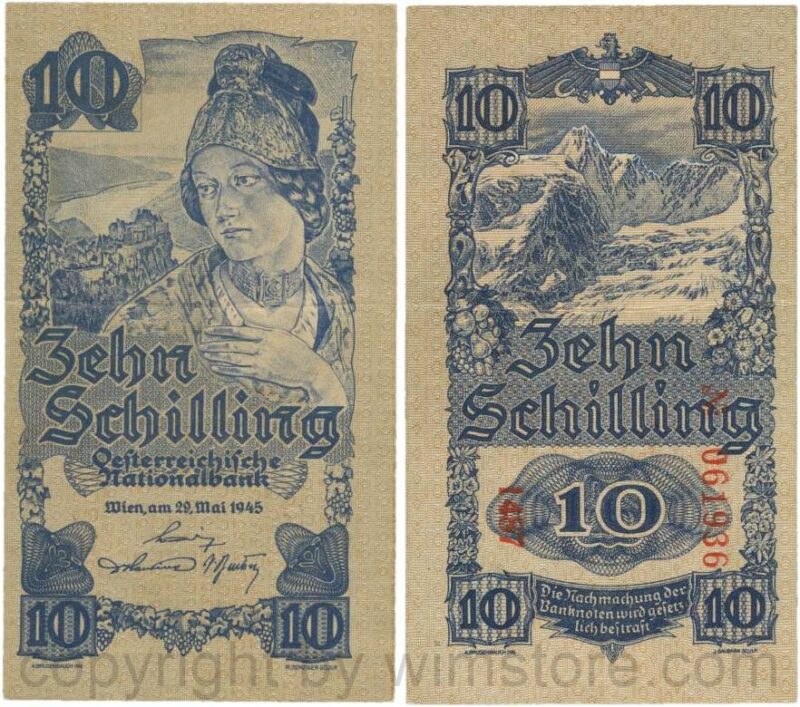 Österreich, 2. republik, p114b, 10 schilling 1945, kn 6 stellig; 3