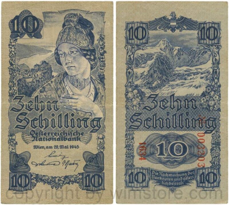 Österreich, 2. republik, p114b, 10 schilling 1945, kn 6 stellig; 4