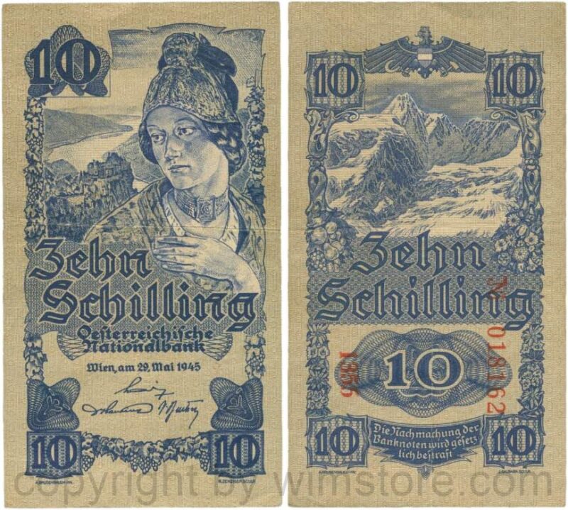 Österreich, 2. republik, p114b, 10 schilling 1945, kn 6 stellig; 4 (kopie)