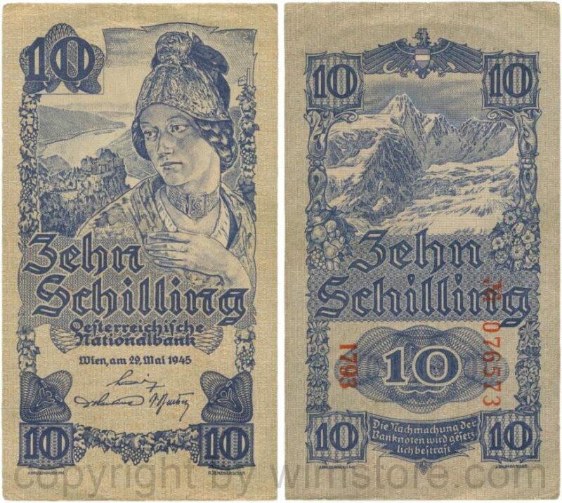 Österreich, 2. republik, p114b, 10 schilling 1945, kn 6 stellig; 4