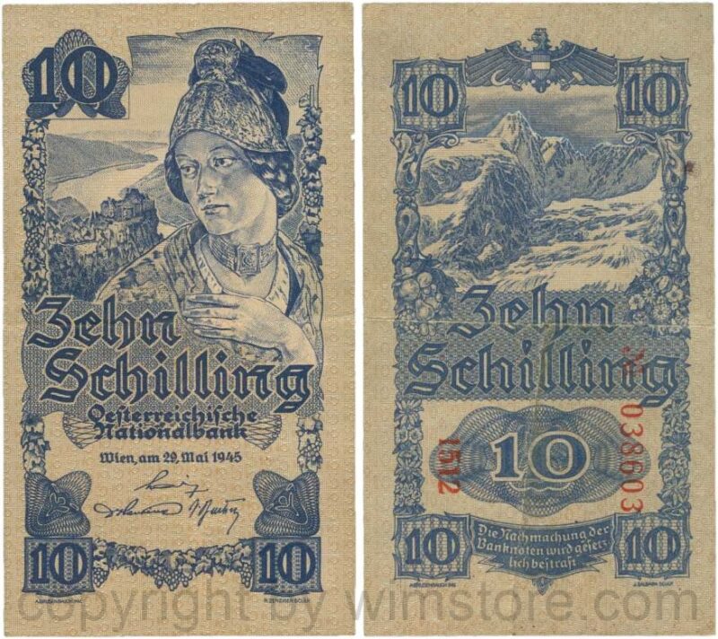 Österreich, 2. republik, p114b, 10 schilling 1945, kn 6 stellig; 4