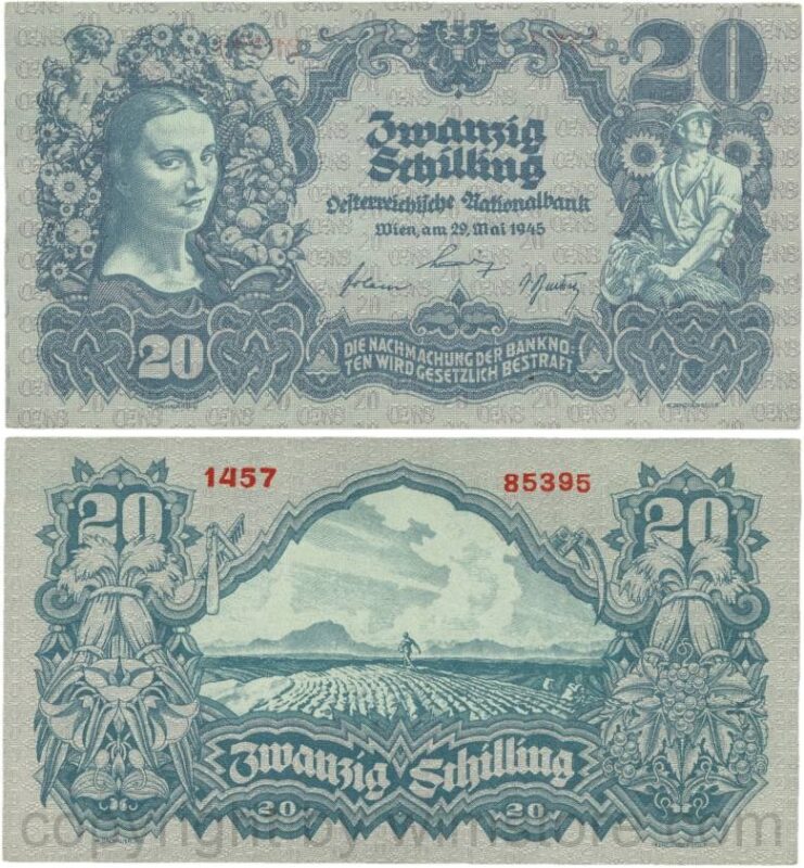 Österreich, 2. republik, p116.1c, 20 schilling 1945, ohne serife, ohne wasserzeichen, sn fett, 3,5 mm, kn fett, 3 mm, dünnes papier; 1