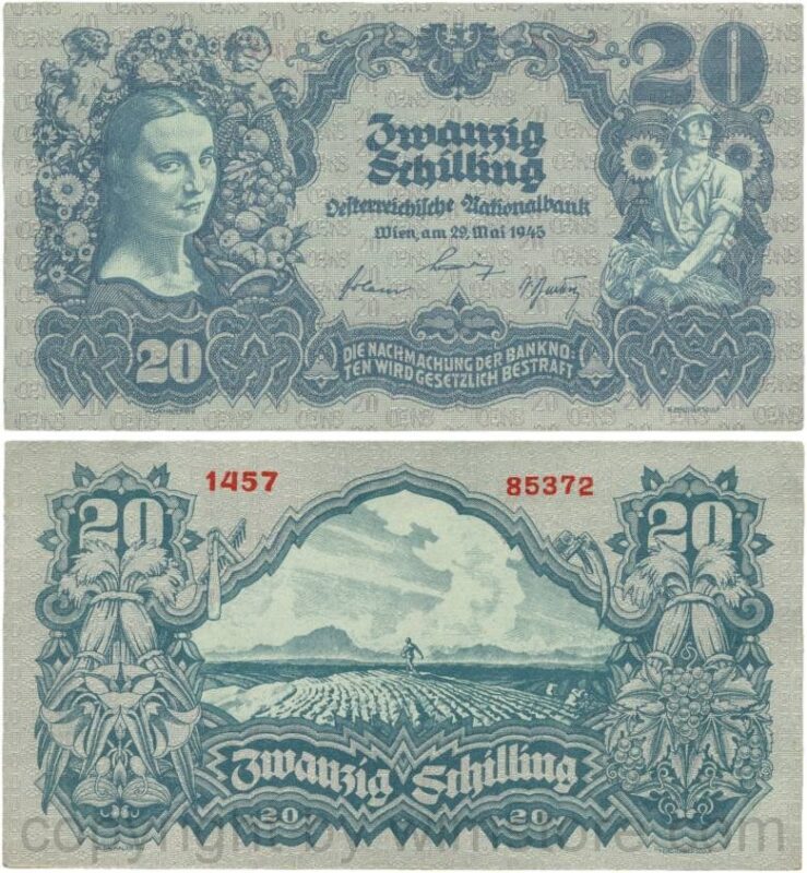 Österreich, 2. republik, p116.1c, 20 schilling 1945, ohne serife, ohne wasserzeichen, sn fett, 3,5 mm, kn fett, 3 mm, dünnes papier; 2 (kopie)