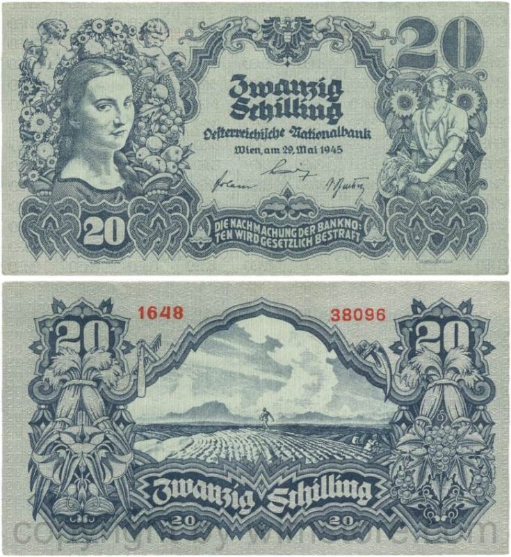 Österreich, 2. republik, p116.1c, 20 schilling 1945, ohne serife, ohne wasserzeichen, sn fett, 3,5 mm, kn fett, 3 mm, dünnes papier; 2 (kopie)