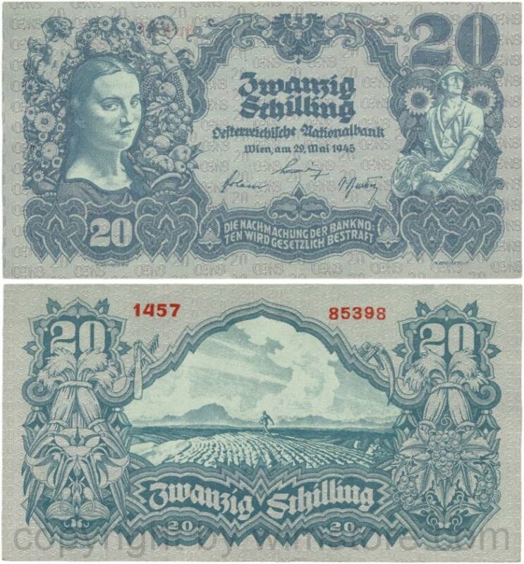 Österreich, 2. republik, p116.1c, 20 schilling 1945, ohne serife, ohne wasserzeichen, sn fett, 3,5 mm, kn fett, 3 mm, dünnes papier; 2 (kopie)