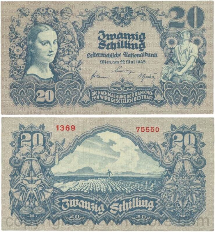 Österreich, 2. republik, p116.1d, 20 schilling 1945, ohne serife, wasserzeichen waben, sn fett, dünnes papier; 3