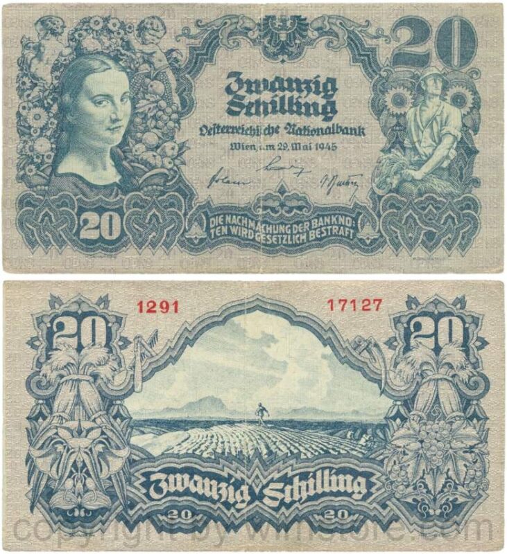 Österreich, 2. republik, p116.1d, 20 schilling 1945, ohne serife, wasserzeichen waben, sn fett, dünnes papier; 3 (kopie)