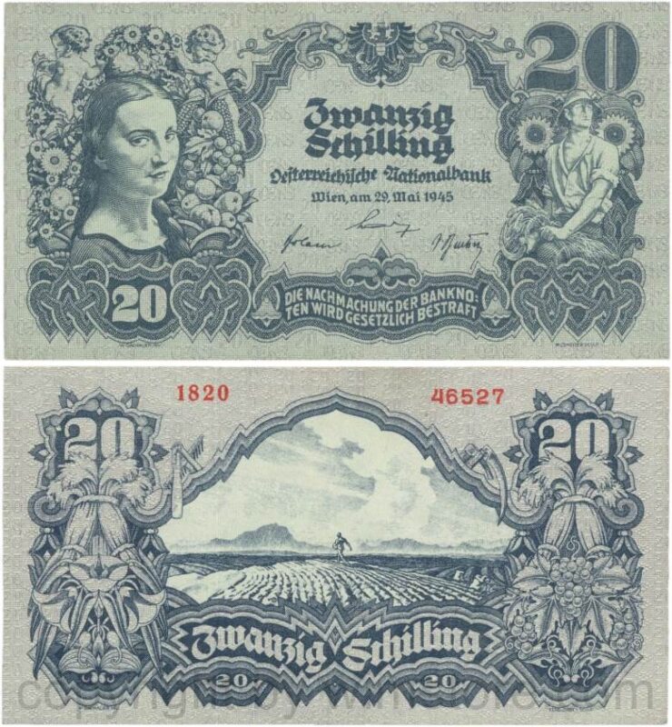 Österreich, 2. republik, p116.1d, 20 schilling 1945, ohne serife, wasserzeichen waben, sn fett, dünnes papier; 3 (kopie)