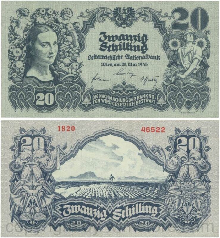 Österreich, 2. republik, p116.1d, 20 schilling 1945, ohne serife, wasserzeichen waben, sn fett, dünnes papier; 4 (kopie)