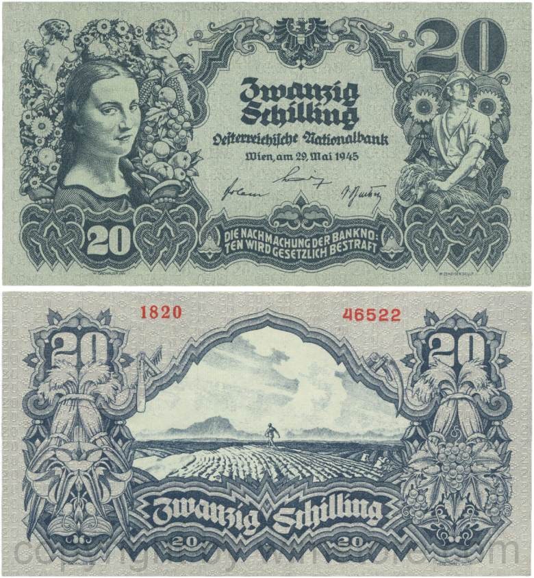 Österreich, 2. republik, p116.1d, 20 schilling 1945, ohne serife, wasserzeichen waben, sn fett, dünnes papier; 4 (kopie)