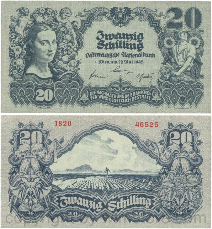 Österreich, 2. republik, p116.2, 20 schilling 1945, mit serife, ohne wasserzeichen, dünnes papier; 1 (kopie)